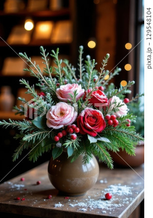 Christmas flower arrangement with red and pink roses, pine branches, and berries in a ceramic vase 129548104