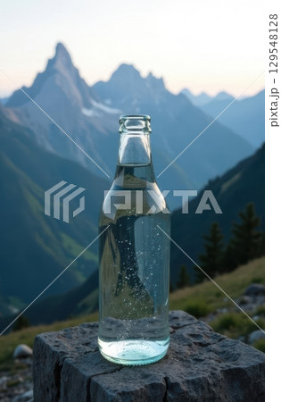 Glass bottle with fresh drinking water on mountain peak at sunset 129548128