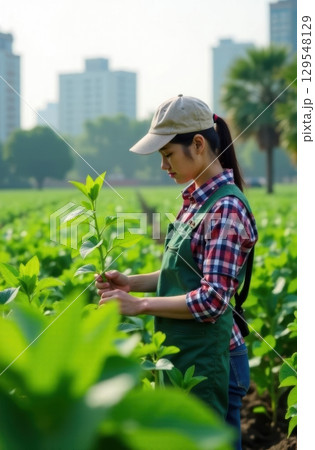 Female agricultural technician examining a soybean plant in a field near the city 129548129