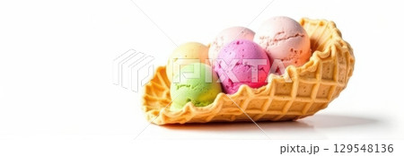 Colorful ice cream scoops filling a waffle basket on white background with copy space Colorful ice cream scoops filling a waffle basket on white background with copy space 129548136