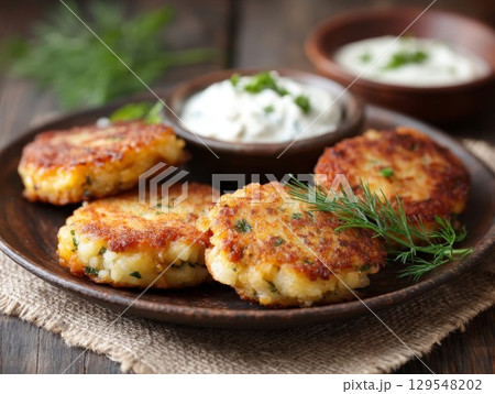Potato fritters with herb garnish on rustic board. Inviting look for dinner or comfort food themes, ideal for hearty or homemade designs. Great for kitchen or savory visuals. 129548202