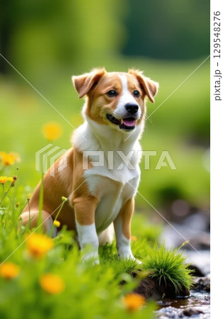 Cute kooikerhondje puppy sitting near a stream in a meadow with yellow flowers 129548276