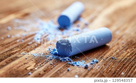 Two blue crayons are laying on a wooden surface. The crayons are broken and have blue powder on them Two blue crayons are laying on a wooden surface. The crayons are broken and have blue powder on them 129548357