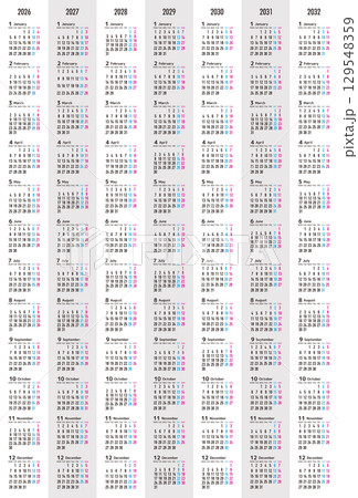 月曜日始まりの2026年から2032年までの年間カレンダー 日本の祝日表記無し 月曜日始まりの2026年から2032年までの年間カレンダー 日本の祝日表記無し 129548359