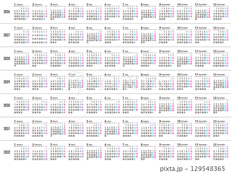 月曜日始まりの2026年から2032年までの年間カレンダー 日本の祝日表記無し 129548365