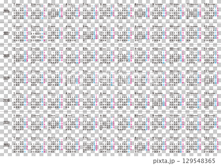 月曜日始まりの2026年から2032年までの年間カレンダー 日本の祝日表記無し 129548365