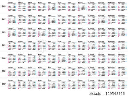 日曜日始まりの2026年から2032年までの年間カレンダー 日本の祝日表記無し 129548366