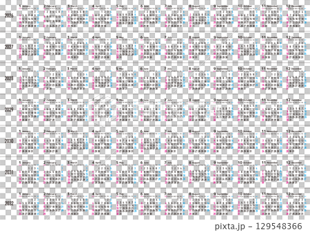 日曜日始まりの2026年から2032年までの年間カレンダー 日本の祝日表記無し 129548366