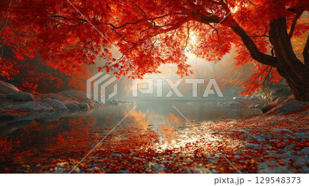 静かな湖畔と鮮やかな紅葉の秋景色 129548373