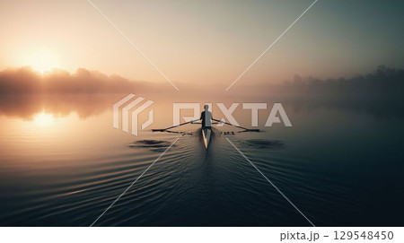 朝霧の川を滑るシングルスカル 129548450