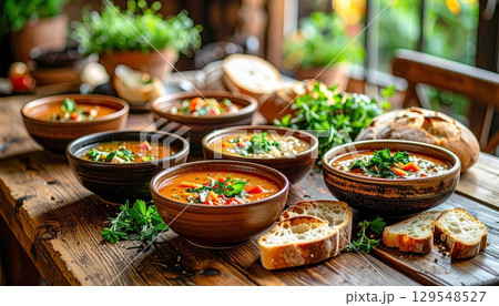 A table with a variety of bowls of soup and bread. The bowls are arranged in a row and there are several different types of soup A table with a variety of bowls of soup and bread. The bowls are arranged in a row and there are several different types of soup 129548527