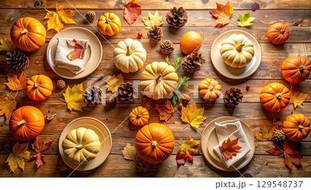 A table with a variety of fall fruits and vegetables, including pumpkins, apples, and oranges A table with a variety of fall fruits and vegetables, including pumpkins, apples, and oranges 129548737