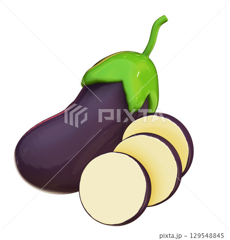 Realistic 3D Eggplant Sliced and Whole Set Isolated with Transparent Background 129548845
