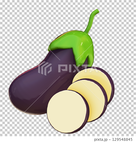 Realistic 3D Eggplant Sliced and Whole Set Isolated with Transparent Background 129548845