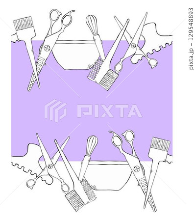 Hair color Salon seamless horizontal border frame template. Vector graphic line ink illustration. background for banners, print for fabric, labels, t-shirt printing. For logo, web, package, sticker. 129548893