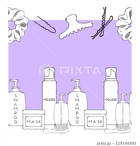 Cosmetics containers bottles and hair clips Salon seamless horizontal border frame template. Vector graphic line ink illustration. For logo, web, package, sticker. 129548895