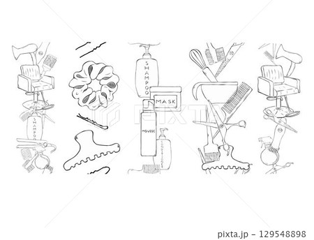 Hair salon Seamless vertical borders of line equipment for styling and hair care. hair cut barber salon Vector graphic line ink template illustration. Place for your text, logo 129548898