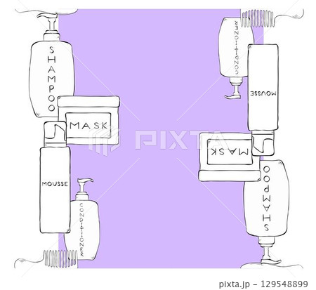 Cosmetics containers bottles with spray, dispenser and dropper, cream jar Salon seamless vertical border frame template. Vector graphic line ink illustration. For logo, web, package, sticker. Cosmetics containers bottles with spray, dispenser and dropper, cream jar Salon seamless vertical border frame template. Vector graphic line ink illustration. For logo, web, package, sticker. 129548899