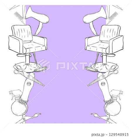 Hair salon objects, symbols and items frame template seamless vertical border. Vector graphic line ink illustration. Banner, poster, wrapping paper, sticker, print, modern textile design. 129548915