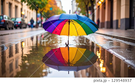A rainbow umbrella is sitting in a puddle on a wet street. The umbrella is colorful and the puddle is reflecting the umbrella and the surrounding area. The scene has a peaceful and calming mood A rainbow umbrella is sitting in a puddle on a wet street. The umbrella is colorful and the puddle is reflecting the umbrella and the surrounding area. The scene has a peaceful and calming mood 129548937