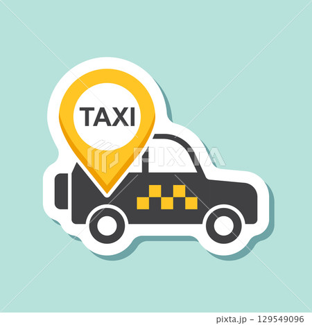 Taxi car service sticker icon in flat style. Cab vector illustration on isolated background. Delivery company sign business concept. Taxi car service sticker icon in flat style. Cab vector illustration on isolated background. Delivery company sign business concept. 129549096