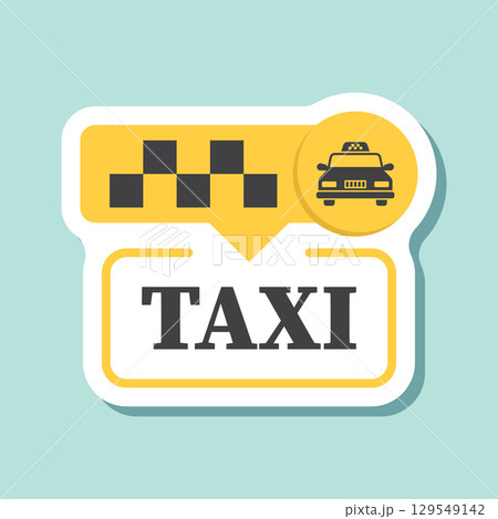 Taxi service sticker icon in flat style. Cab vector illustration on isolated background. Delivery company sign business concept. Taxi service sticker icon in flat style. Cab vector illustration on isolated background. Delivery company sign business concept. 129549142