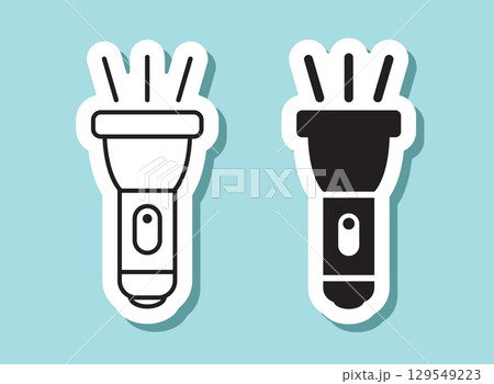 Flashlight sticker icon in flat style. Electric lamp vector illustration on isolated background. Pocket lantern sign business concept. 129549223