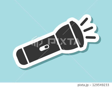 Flashlight sticker icon in flat style. Electric lamp vector illustration on isolated background. Pocket lantern sign business concept. 129549233