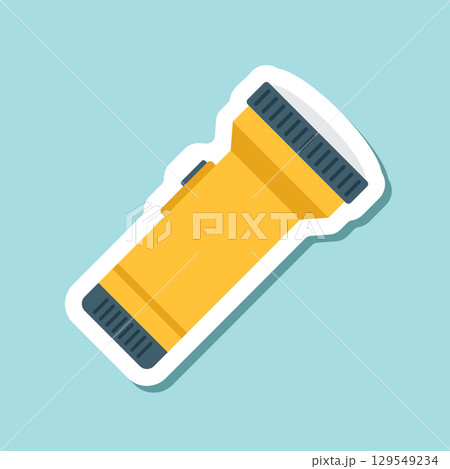 Flashlight sticker icon in flat style. Electric lamp vector illustration on isolated background. Pocket lantern sign business concept. 129549234