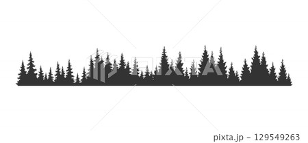 Fir trees silhouette. Coniferous spruce horizontal background pattern, black evergreen woods vector illustration. Beautiful hand drawn panorama of coniferous forest 129549263
