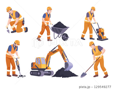 Road Repair Workers in Special Uniform and Machines and Equipment Vector Set 129549277