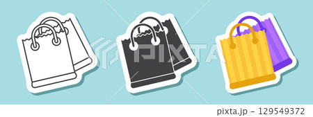 Shopping bag packing sticker icon in flat style. Package vector illustration on isolated background. Purchase sign business concept. Shopping bag packing sticker icon in flat style. Package vector illustration on isolated background. Purchase sign business concept. 129549372