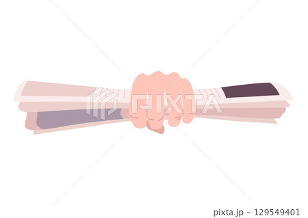 Cartoon newspaper in hand. Morning press and news journals folded and opened, business man hand with paper journal, daily news concept. Vector illustration 129549401