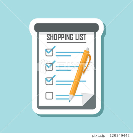 Shopping list sticker icon in flat style. Memo pages vector illustration on isolated background. Daily planner sign business concept. 129549442
