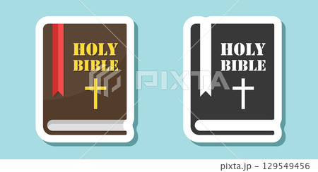 Holy bible sticker icon in flat style. Christianity book vector illustration on isolated background. Religion sign business concept. 129549456