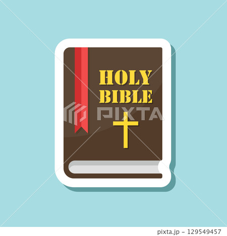 Holy bible sticker icon in flat style. Christianity book vector illustration on isolated background. Religion sign business concept. 129549457