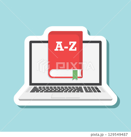 Glossary book sticker icon in flat style. Guidebook encyclopedia vector illustration on isolated background. A-Z notebook sign business concept. Glossary book sticker icon in flat style. Guidebook encyclopedia vector illustration on isolated background. A-Z notebook sign business concept. 129549487