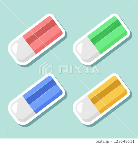 Eraser sticker icon set collection in flat style. Stationery tool vector illustration on isolated background. Rubber office tool sign business concept. 129549511
