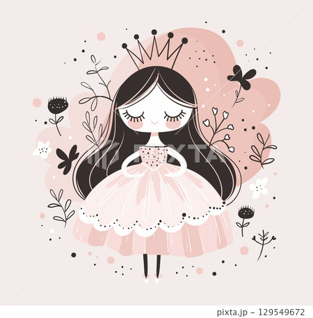 Little princess vector postcard for nursery. Cute girl in dress, printable design, flat illustration for invitation. Little princess vector postcard for nursery. Cute girl in dress, printable design, flat illustration for invitation. 129549672