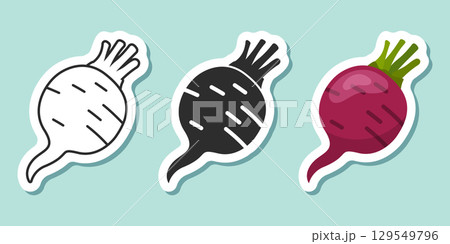Beetroot vegetable with leaves sticker icon set collection in flat style. Beet plant vector illustration on isolated background. Healthy food sign business concept. 129549796