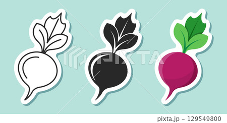 Beetroot vegetable with leaves sticker icon set collection in flat style. Beet plant vector illustration on isolated background. Healthy food sign business concept. 129549800