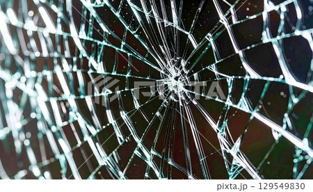 A close up of a spider web with a hole in the center. The web is made of glass and the hole is a large crack. Scene is one of fragility and vulnerability, as the spider web is easily damaged 129549830