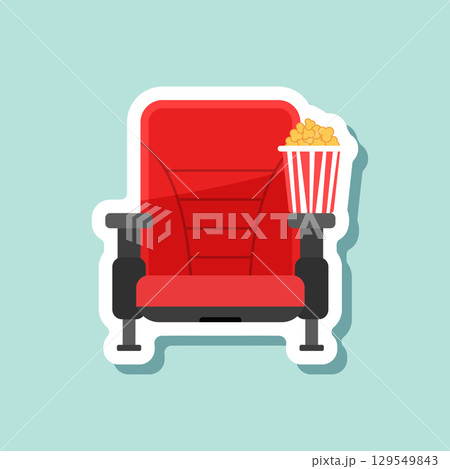 Movie seat with popcorn sticker icon in flat style. Theater armchair vector illustration on isolated background. Spectacle sign business concept. 129549843