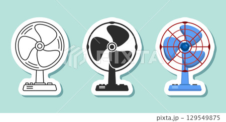 Electric fan sticker icon set collection in flat style. Propeller vector illustration on isolated background. Cooler sign business concept. 129549875