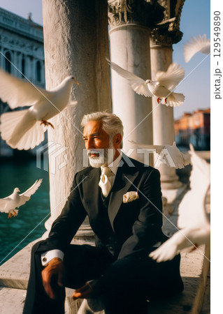A man in a suit sits on a ledge with a flock of white birds flying around him 129549890