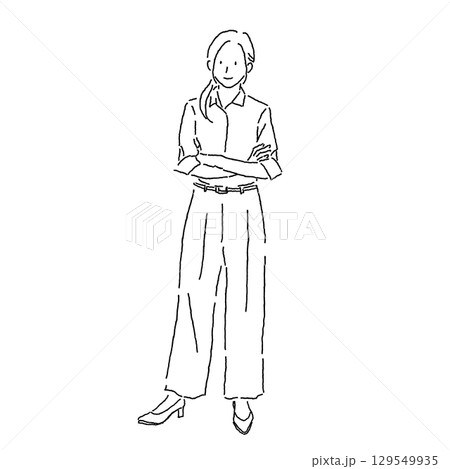 自信を持って腕を組むビジネス女性の全身線画イラスト 129549935