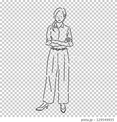 自信を持って腕を組むビジネス女性の全身線画イラスト 129549935