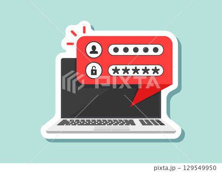 Laptop with account login sticker icon in flat style. Password form page vector illustration on isolated background. User authorization sign business concept. 129549950