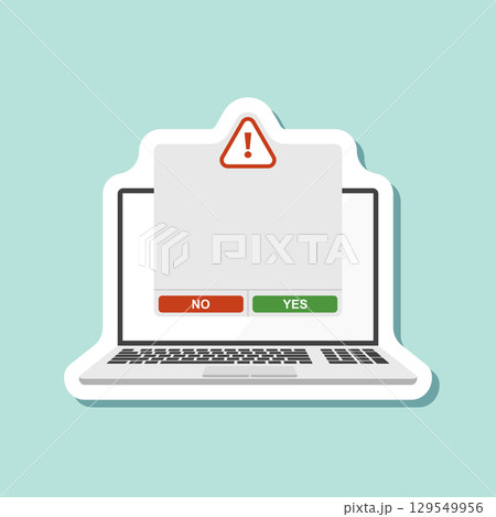 Laptop notification sticker icon in flat style. Computer vector illustration on isolated background. Reminder message sign business concept. 129549956