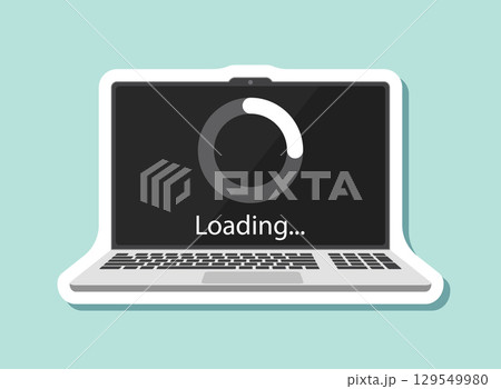Laptop loading process sticker icon in flat style. Software update vector illustration on isolated background. Updating sign business concept. 129549980